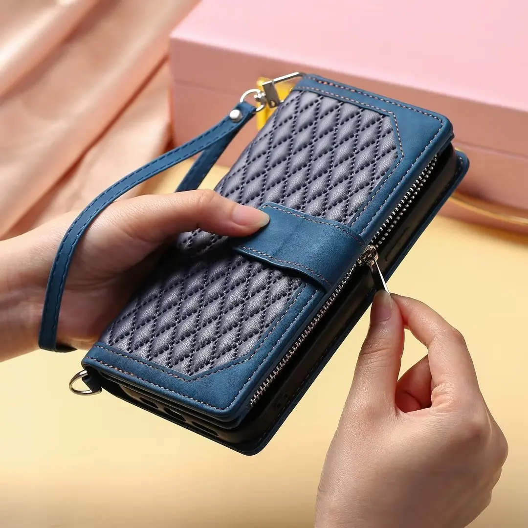 Fashion Zipper Wallet Case For Xiaomi Mi A2 Flip Cover Multi Card Slots Cover Phone Case Card Slot Folio with Wrist Strap