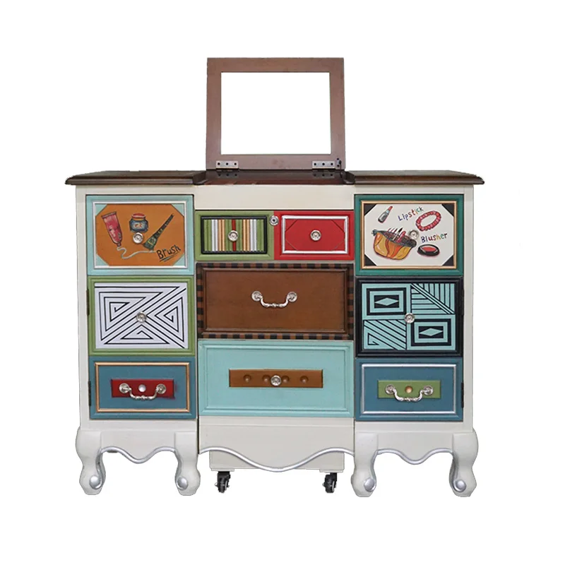 

Solid Wood Dresser European Retro Bedroom Makeup Table Toilet Cabinet Storage Cabinet Complete Set