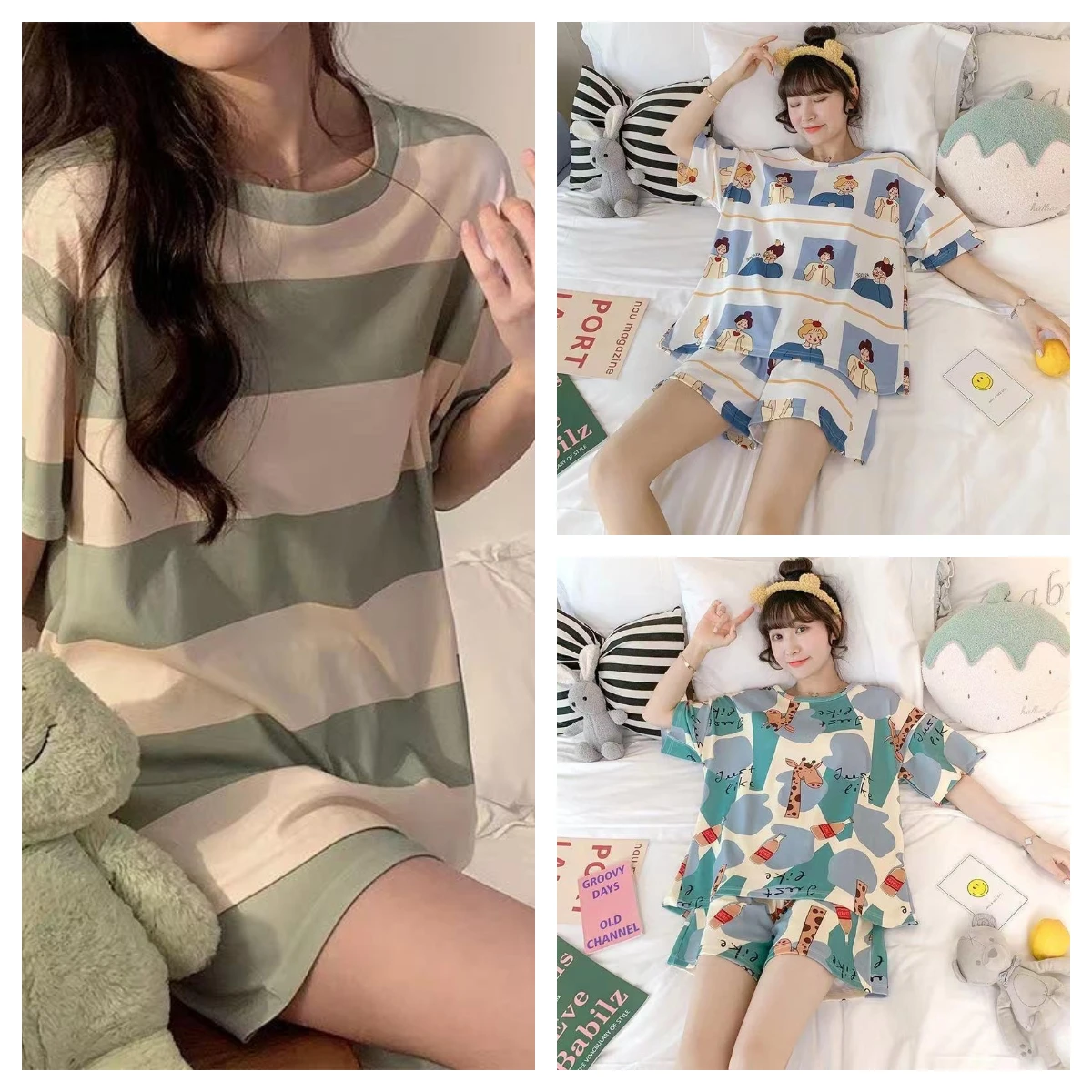 Summer Home Clothes Set Two-Piece Suit Striped Pajamas Women Summer Short-Sleeved Shorts Thin Small Fresh