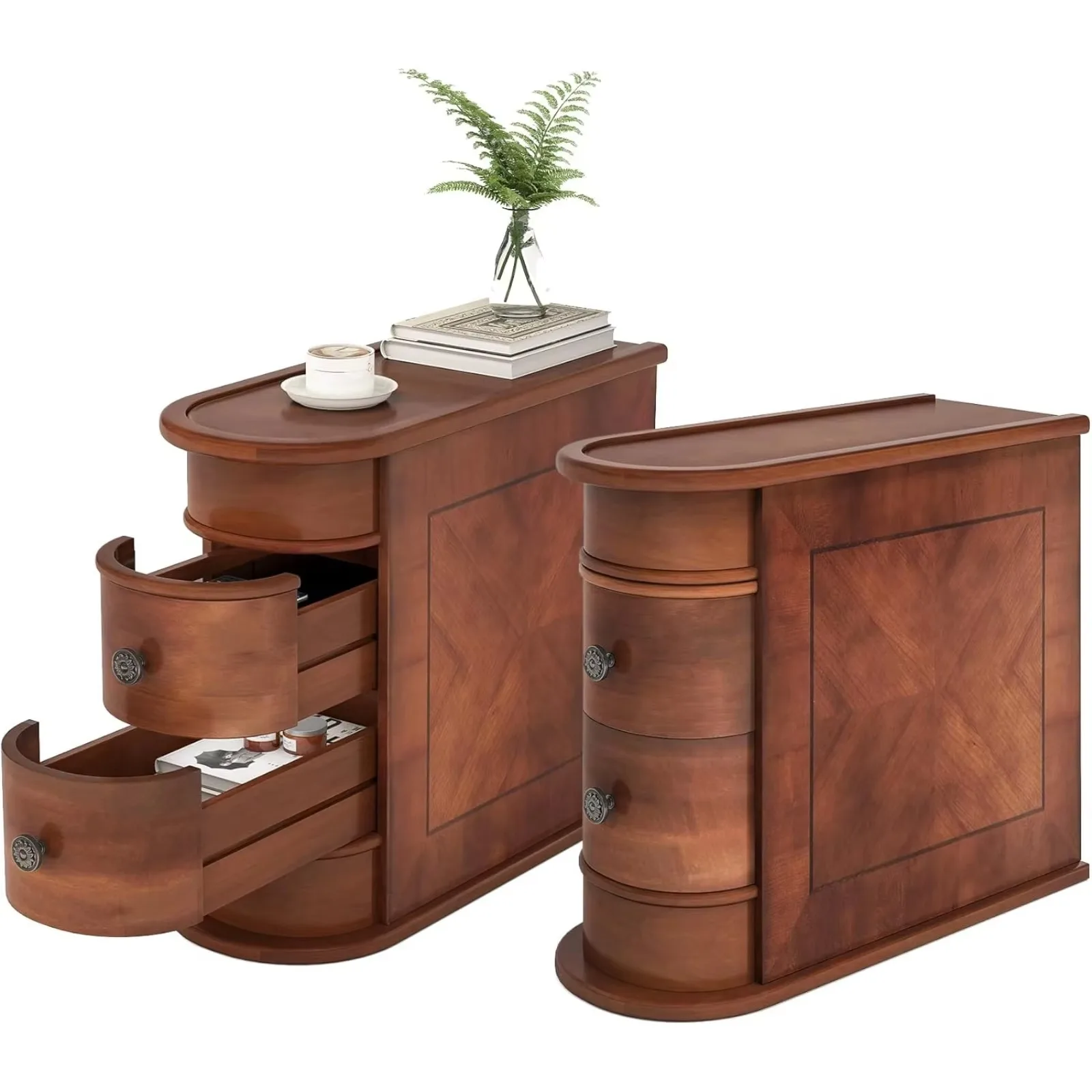 US End Table Set of 2, No Assembly Required Wood End Table with 2 Drawers, Sofa Side Table for Living Room, Vintage Slim