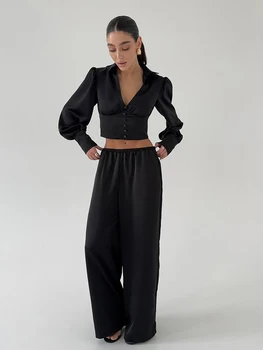 Martahqiqi Fashion Ladies Nightgowns Suit Crop Top Pajamas Long Sleeve Nightie Sexy V-Neck Nightwear Pants Female Sleepwear Set