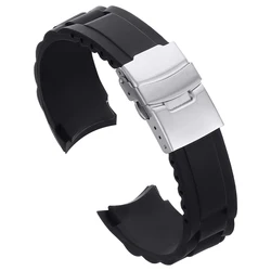 Curved End Silicone Sport Watch Strap with Folding Buckle - Multi - Size Options - 24mm (Black)