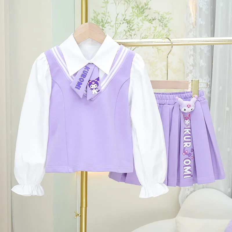 

New Cartoon Sanrio Girls Academy Style Uniform Set Anime My Melody Kuromi Cute Jk Shirt Top Pleated Skirt 2-Piece Set Kids Gift