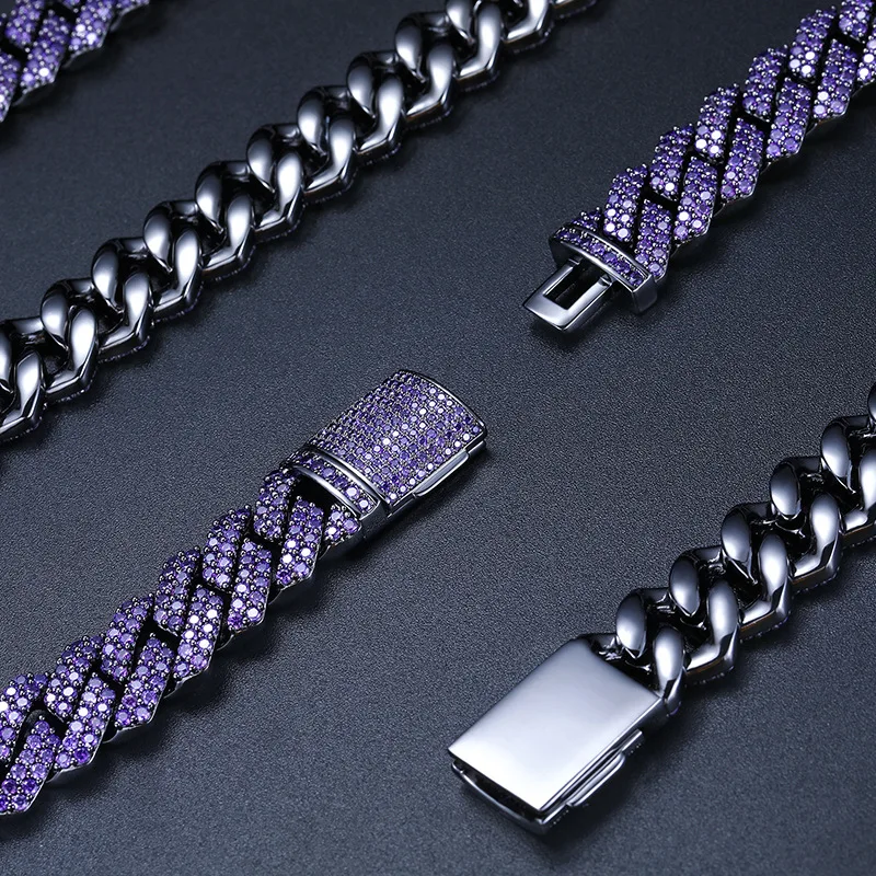 【BLACKPURPLE】Square Crystal Cuban Chain Bracelet Man Hip Hop Purple CZ Stone Bling Ice Out 14mm Wide Black Square