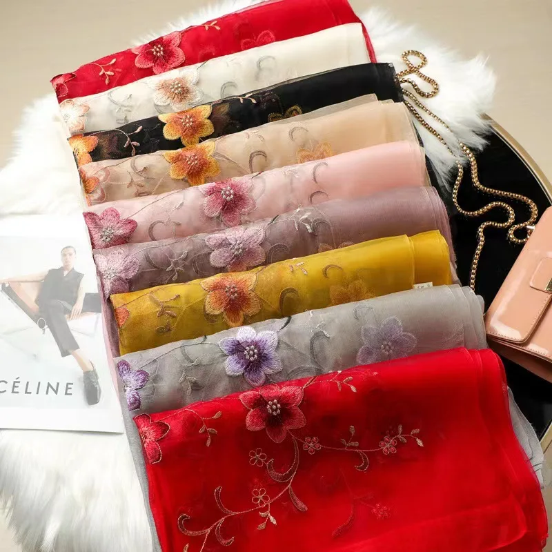 

Live Supply Silk Wool Blended Embroidered Scarf Elegant All-Matching Long Shawl Tulle Decorative Women's Scarf