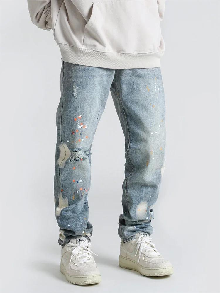

American High Street Men's Color Splashed Ink Straight Slim Jeans Loose Casual Distressed Retro Casual Pants Luxury Men Clothing