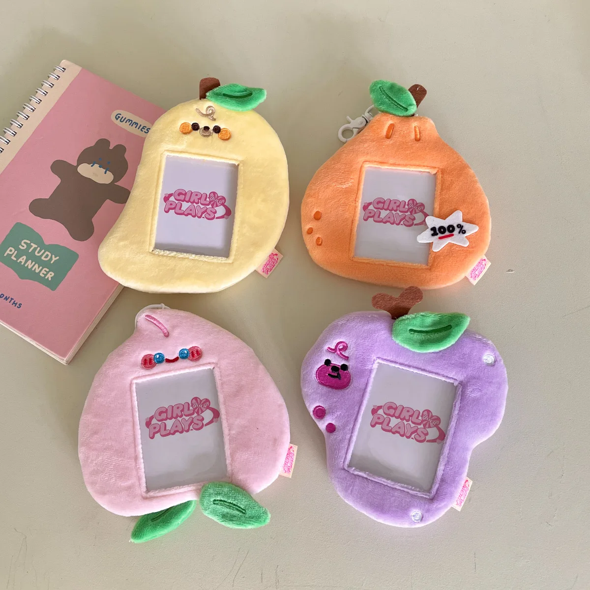 MINKYS Kawaii Fruit Series Fluffy 3 inch Kpop Photocard Holder Photo Card Holder Bag Pendant School Stationery 4