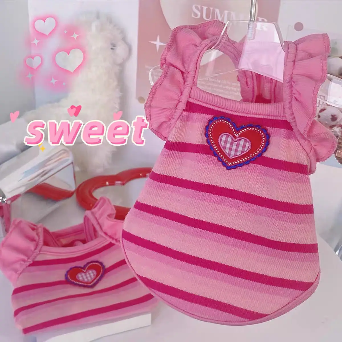 Peach Pink Sweetheart Summer Cute Embroidery Colorful Stretch Striped Pet Vest Cat Dog Clothes Dog Summer