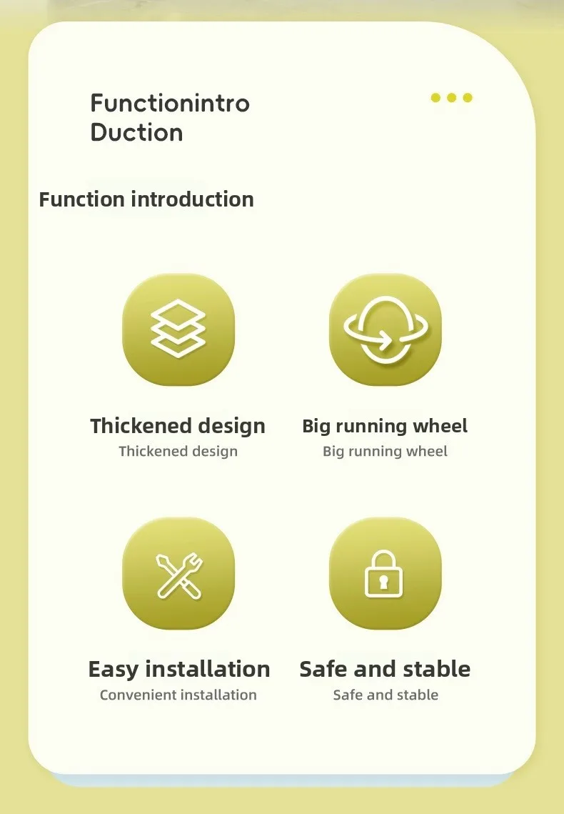 An icon-based infographic listing four key product benefits: thickened design for durability, a big running wheel, easy installation, and a safe and stable structure.