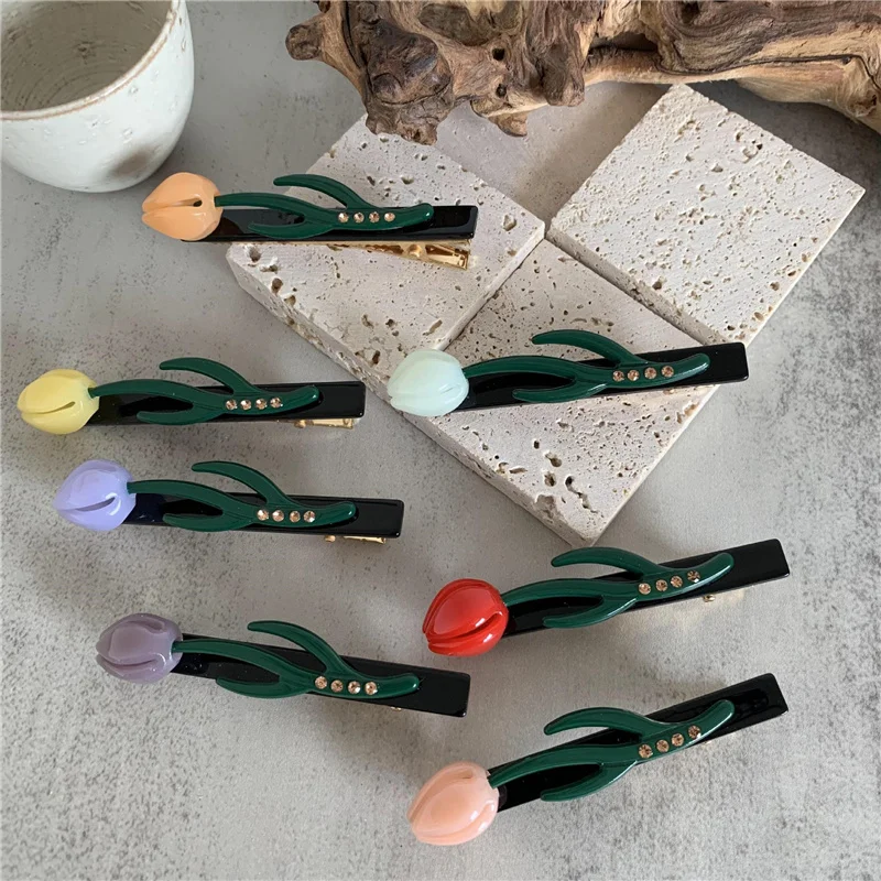 Ins New Tulip Flower Barrettes Acetate Hair Clips Sweet Vintage Geometric Side Pin Korean Women Girls Hair Accessories Headwear janevini vintage dark purple calla lily wedding bouquet for bride artificial tulip roses bridal hand flowers ramo flores novia