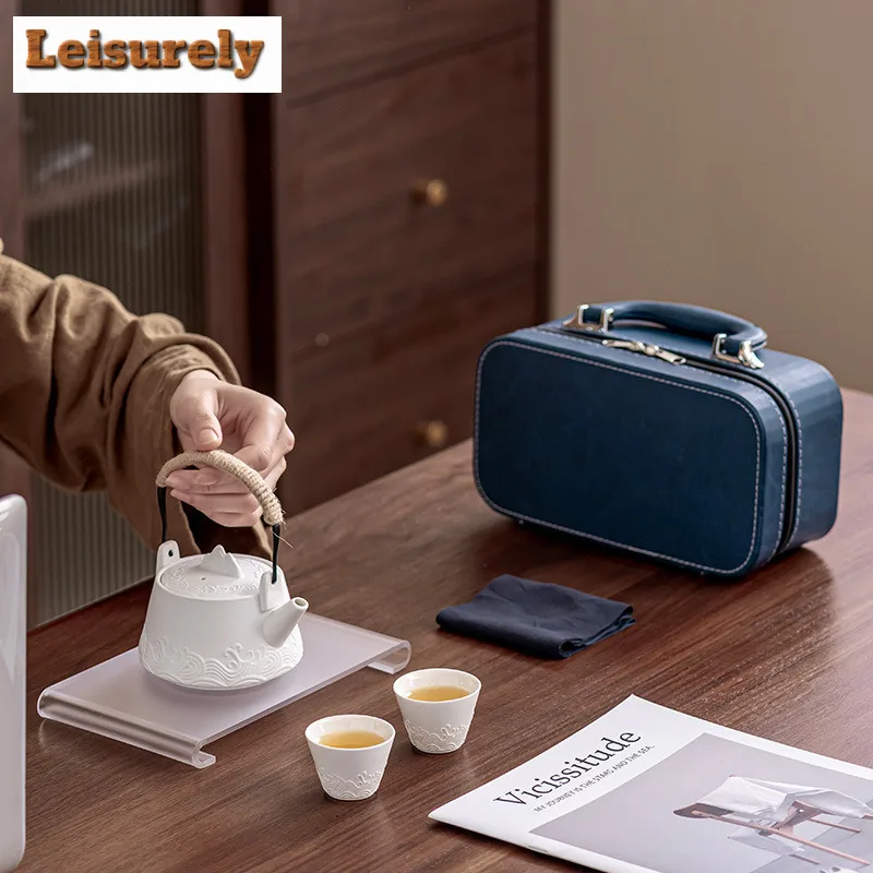 Retro Sea Wave Vine Weaving Lifting Handle Pot Tea Set Kit Traditional 1 Pot 2 Cups Tea Making Camping Stock Bags Teaset Craft