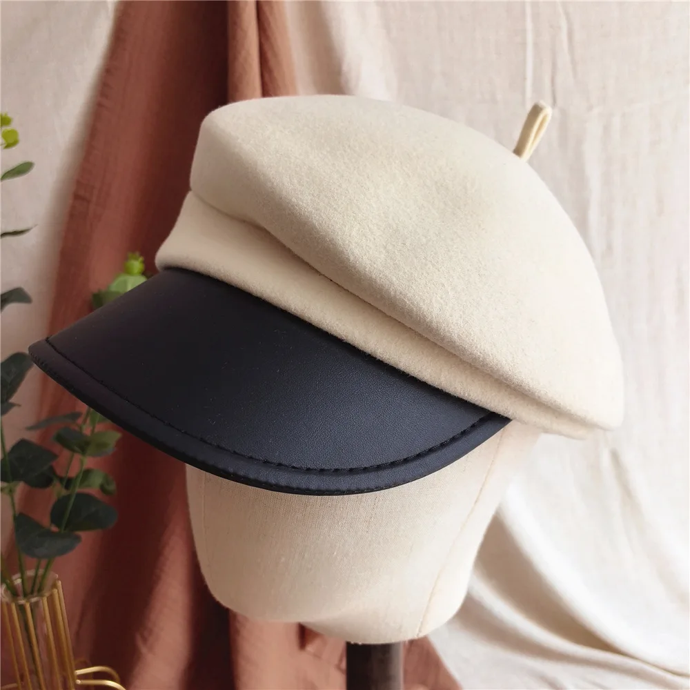 

Autumn and winter wool beret PU leather hat brim hat ladies retro octagonal hat casual fashion