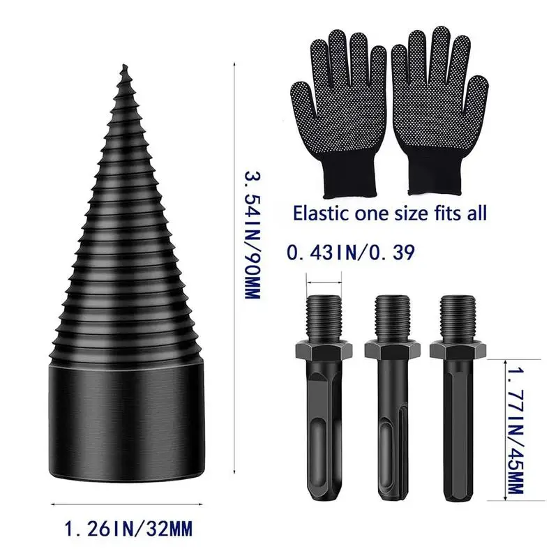 Wood Splitting Drill Bit Carbon Steel Cone Firewood Splitter 3PCS Drilling Handles Heavy Duty Kindling Wood Splitter For Camping