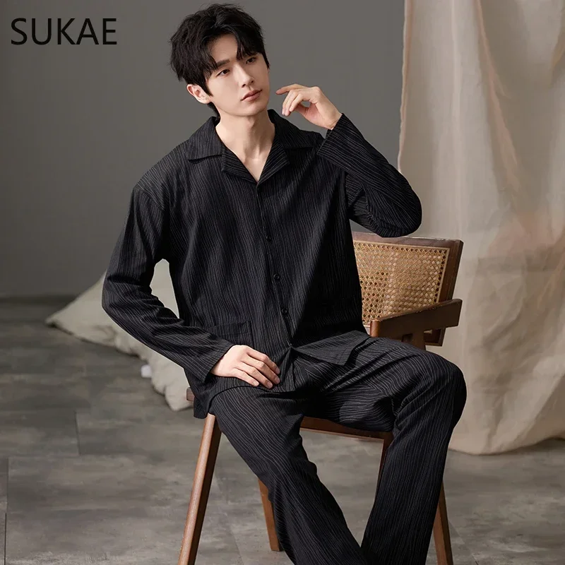 SUKAE Casual Mens Pijama Faux Cotton Soft Nightwear Autumn Spring Homesuit Gentleman Turn-down Collar Sleepwear Boys Pajamas - Image 2