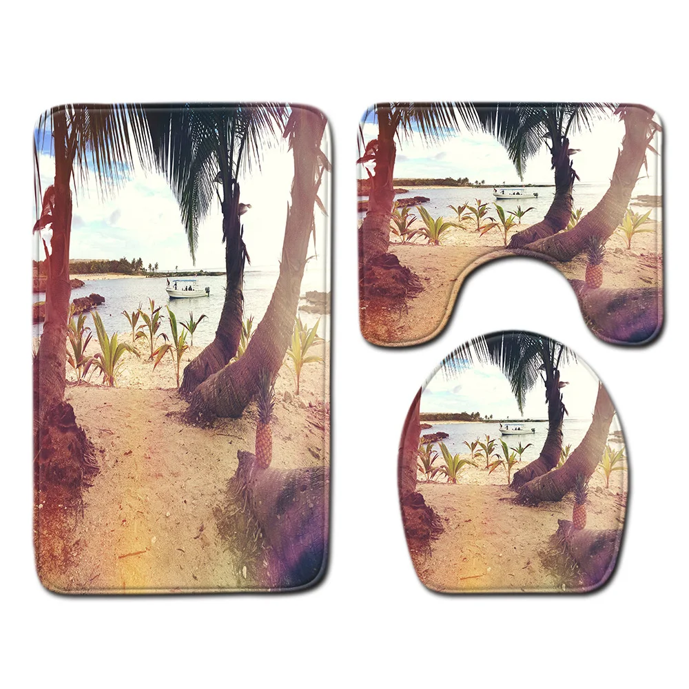 

Bathroom 3-piece Suite Ocean Beach Palm Tree Sea View Bathrom Non-slip Carpet Toilet Seat Home Decor Super Soft and Absorb water