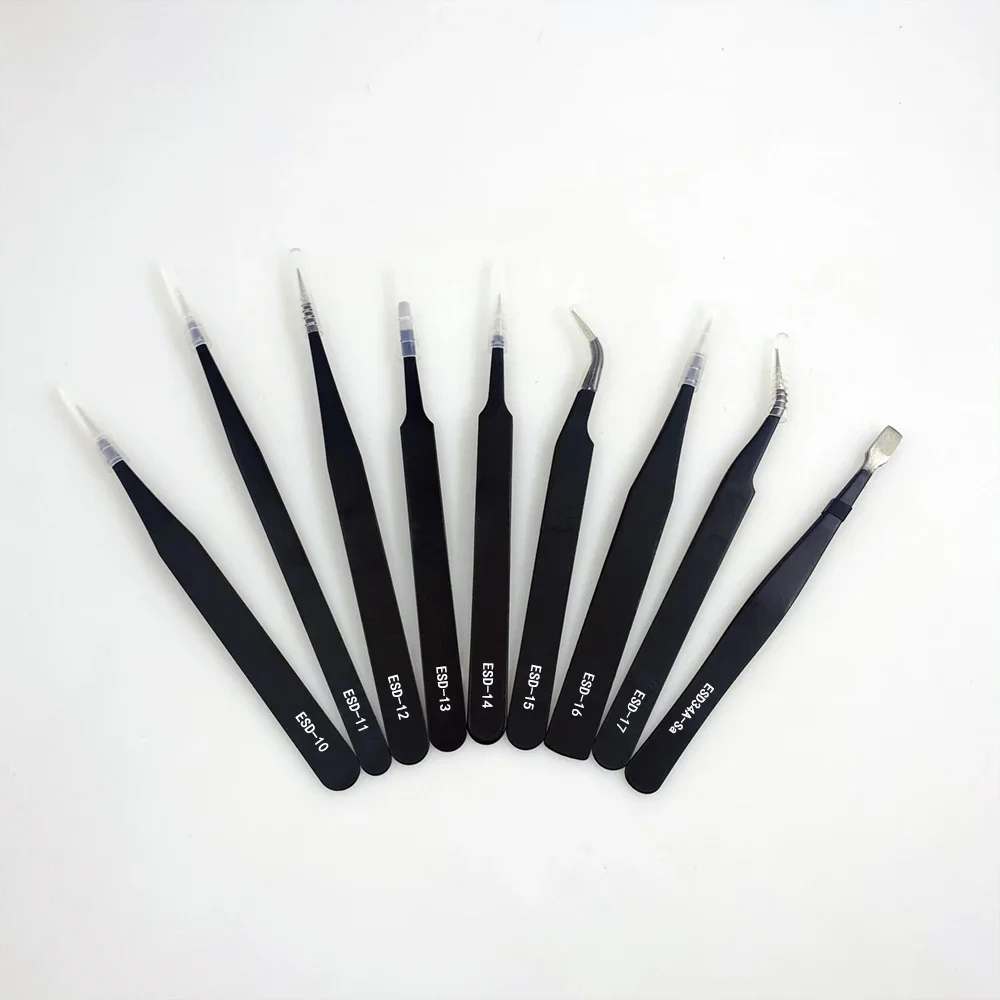 Precision Tweezers 9pcs/set Anti-static ESD Stainless Steel Curved Straight for Maintenance Repair