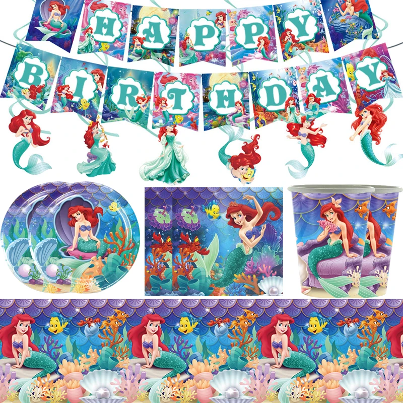 

68pcs/lot Little Mermaid Theme Spiral Banner Birthday Party Flags Plates Decorate Cups Girls Favors Swirls Napkins Tablecloth