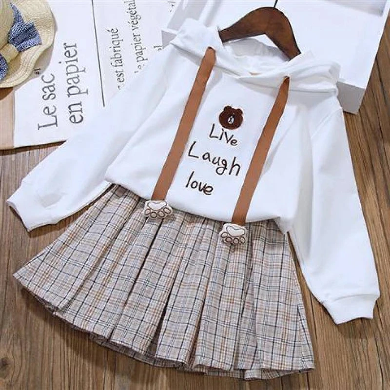 

4 6 8 10 12 Years Girls Clothing Sets Cotton Cartoon Little Bear Hoodies + Pleated Skirt 2Pcs Suit For Children Birthday Dress
