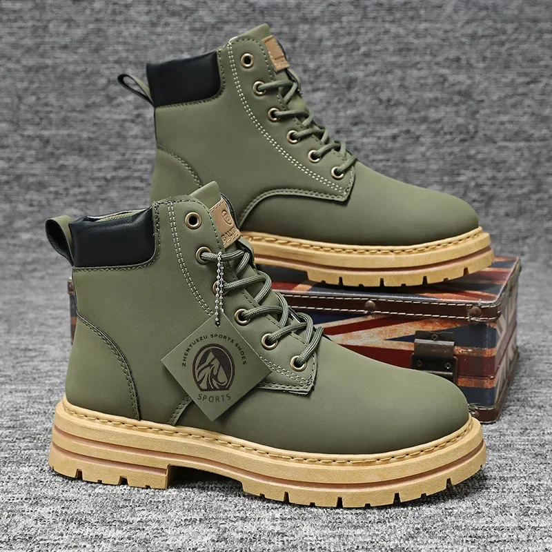 thumbnail image 1 of Botas altas para Hombre, botines de motocicleta a la moda, Botas de cuero impermeables para Hombre, Botas de plataforma con cordones, Botas de talla grande para Hombre, 1 of 5