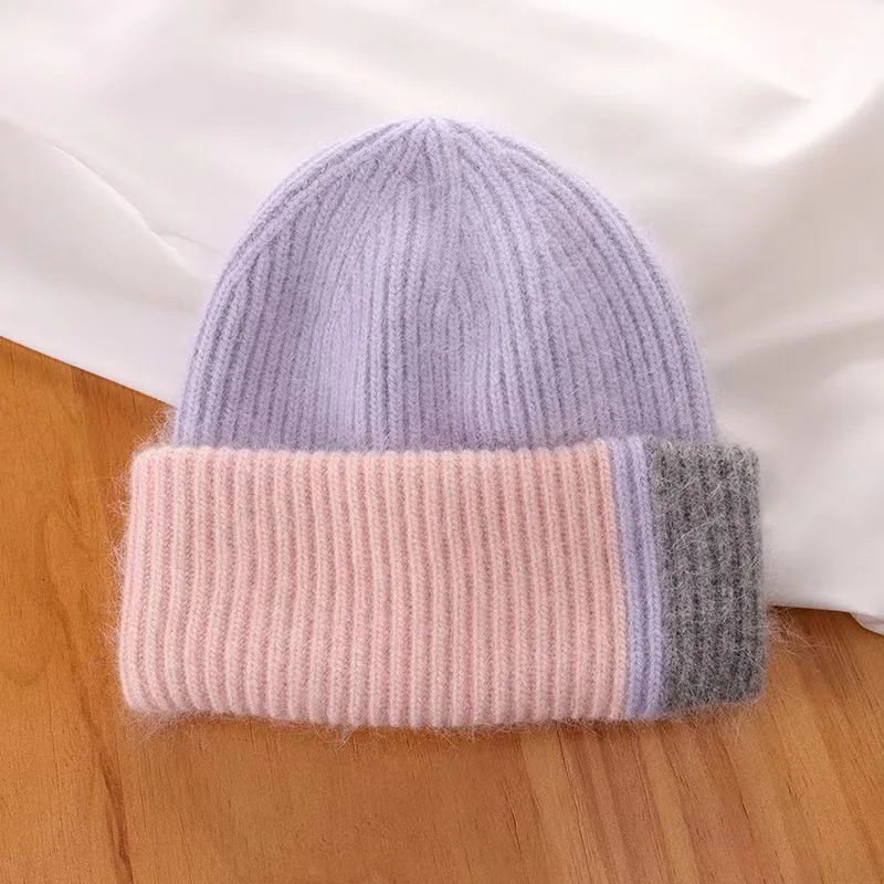 Knitted Beanie Hat For Women Warm Winter Rabbit Fur Patchwork_voghion.com