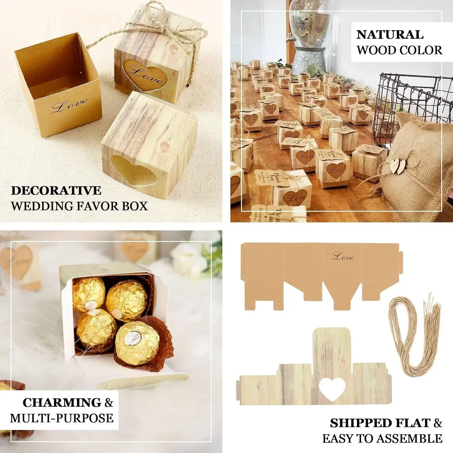 Vintage Personalised DIY Candy Box Kraft Love Candy Box Wood Grain Heart-shaped Hollow Wedding Companion Gift 50PC