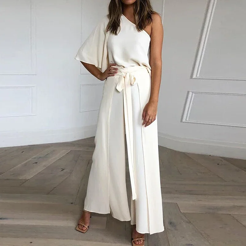 Women Summer Diagonal Collar Off-the-shoulder Overalls Solid Flared Sleeves Belt Shirt Jumpsuit Lady Elegant Office Piece Romper