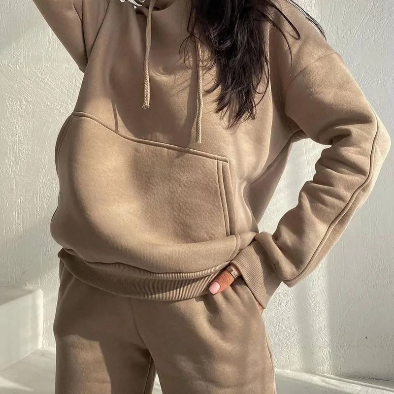 Leisure Fashion Sports Autumn and Winter New Women's Solid Color Plus Velvet Pocket Long-sleeved Hoodie Pants Two-piece Suit