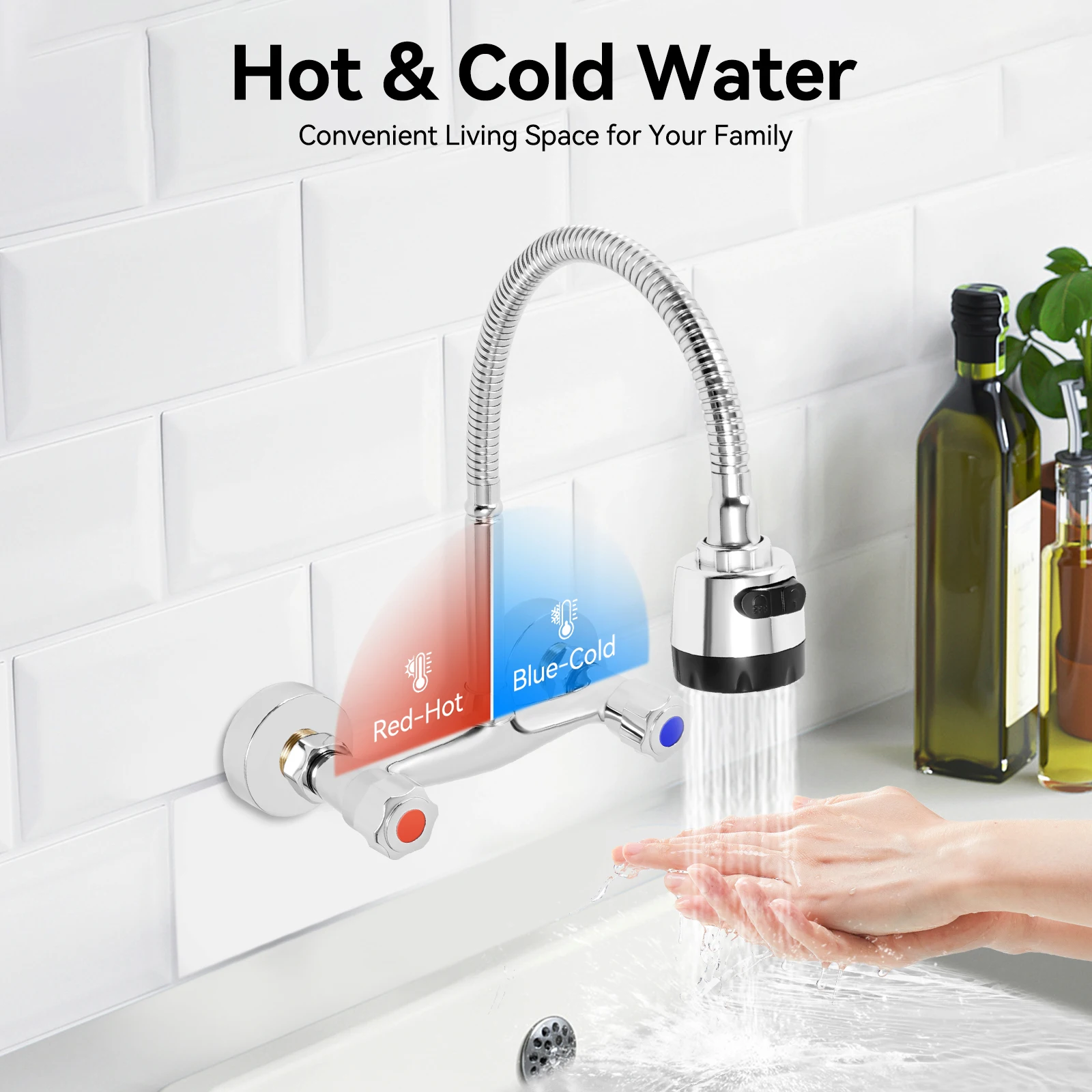 Wandmontierte Messing-Küchenarmatur 360° ° Drehbarer Schlauch, Doppelsprüher, Keramikventil Kalt- & Warmwasser-Mischbatterie – Detail 2