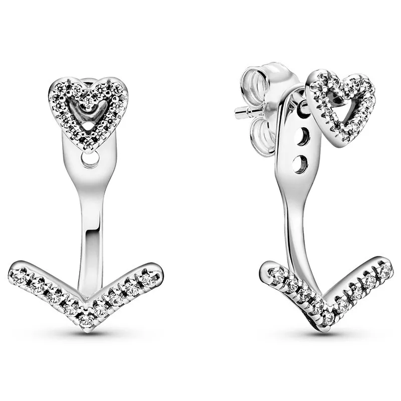 

Authentic 925 Sterling Silver Wish Sparkling Wishbone Heart Stud Earrings For Women Wedding Gift Fashion Jewelry