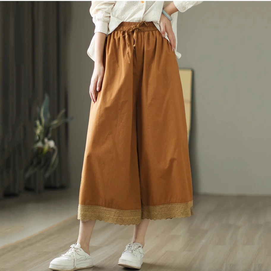 

Women's Vintage Lace Patchwork Casual Loose Pants Spring Fashion Female Elastic Waist Solid Color Cotton Soft Cozy Baggy Trouser