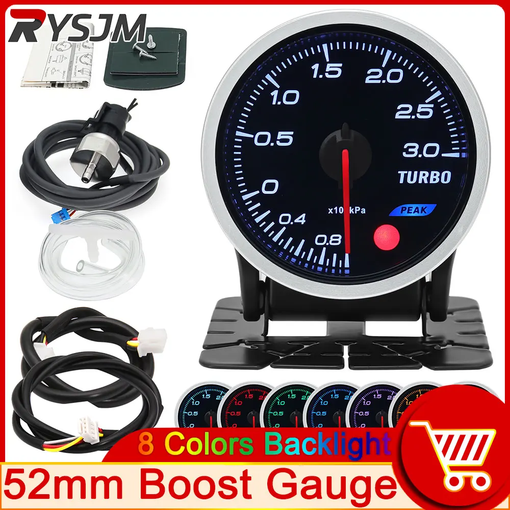 H 8 Colors Backight 52mm Boost Gauge BAR PSI Tacometro Turbo Pressure Gauge Manometre Pression Turbo Fuel Oil Press Oil Temp 12V