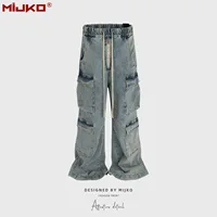 MIJKO Design Jeans High Quality Multi-Pocket Zipper Drawstring Wide Leg Baggy Jeans Men High Street Denim Trousers XXL XL L M 1