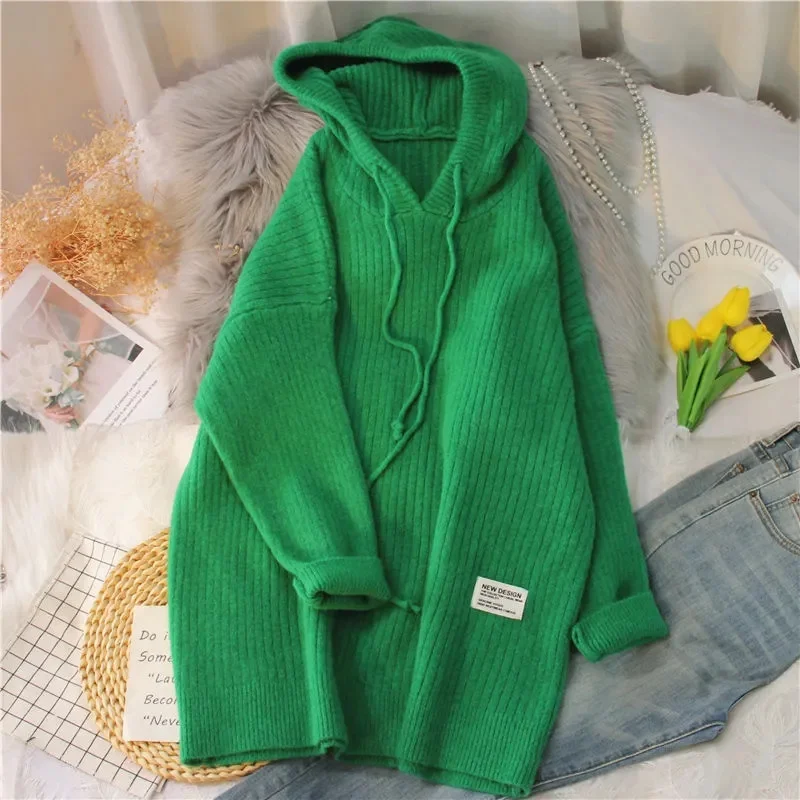 The New Fashion Solid Color Hooded Pullover Knit Sweater For Autumn/winter 2023 Women\'s Loose Medium Long And Thick Women\'s Wear