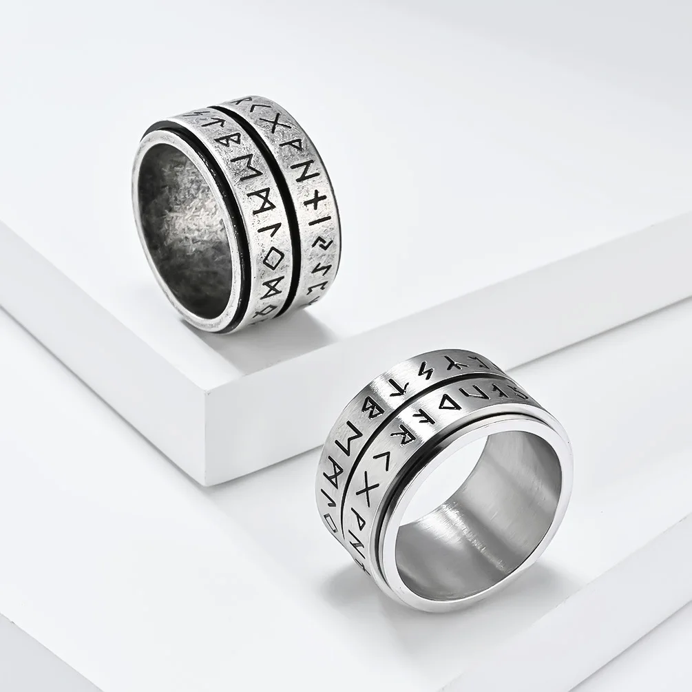 Stainless Steel Rings Minimalist Ring Nordic Viking Rune Letter Symbol Spinner for Men Rotable Anxiety Amulet Fidget Stress Release Nordic Jewelry Gift
