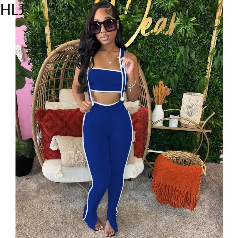 HLJ Spring New Strap Skinny Pants Two Piece Sets Women Off Shoulder Backless Tube And Pants Outfits Female 2pcs Streetwear 2024