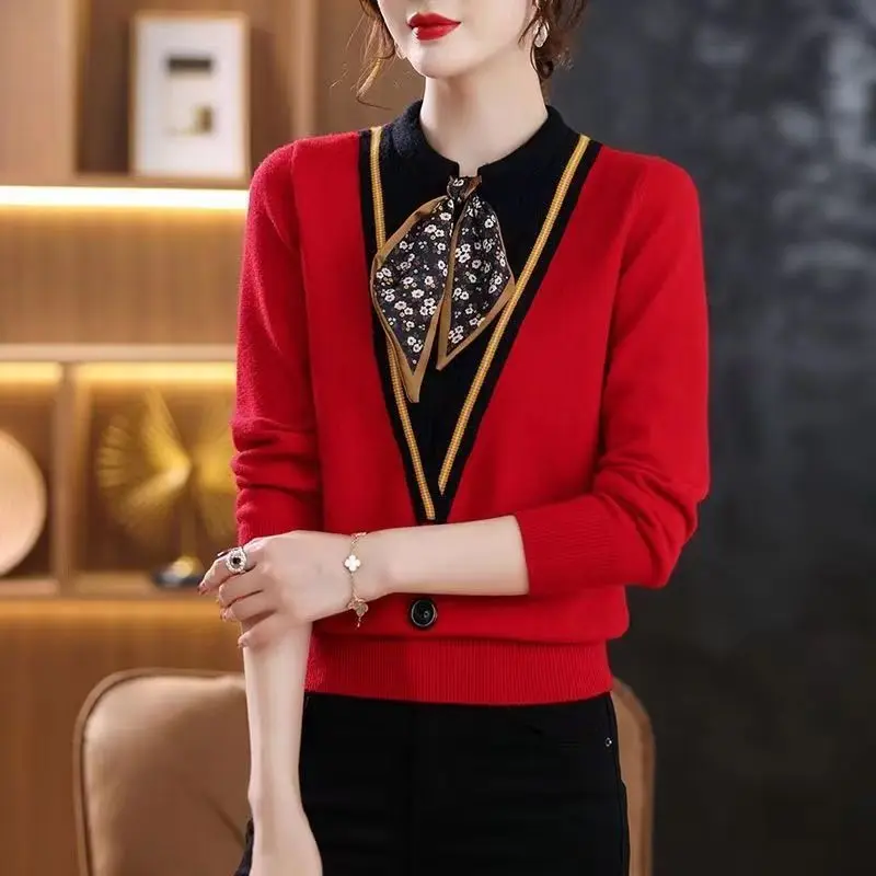 Elegant Button Spliced Knitted Lace Up Bow Fake Two Pieces Sweater Women's Clothing 2023 Autumn Loose New Casual Pullovers Tops
