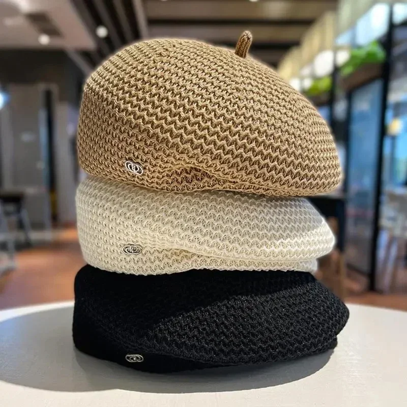 Women's Knit Beret Hat - Breathable Summer Straw Painter Style_voghion.com