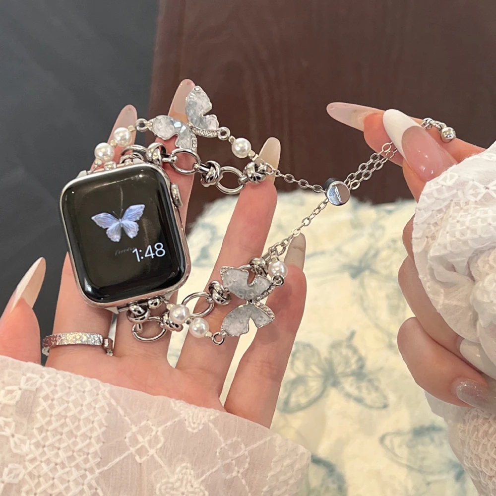 Elegant Diamond Butterfly Strap with Pearls
