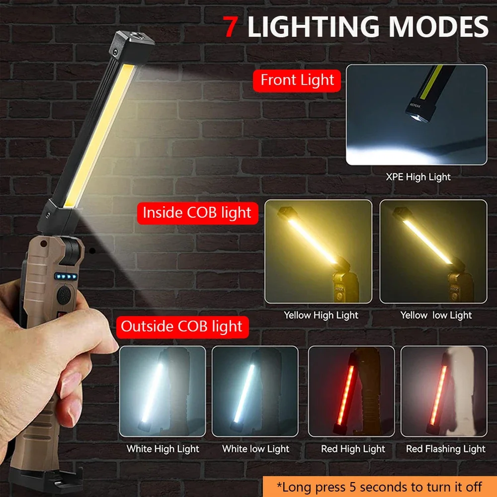접이식 COB XPE LED 작업등 USB 충전식 휴대용 손전등 마그네틱 베이스 후크 자동차 수리 비상 검사 레드 SOS