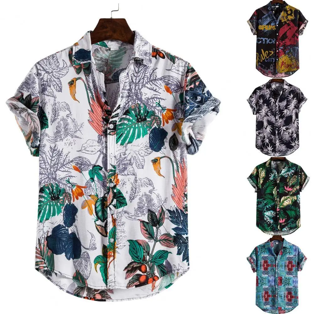 

Linen Short Sleeve Shirt Men Summer Floral Loose Baggy Casual Hawaii Holiday Beach Shirt Tee Tops Buttons Blouse National Style