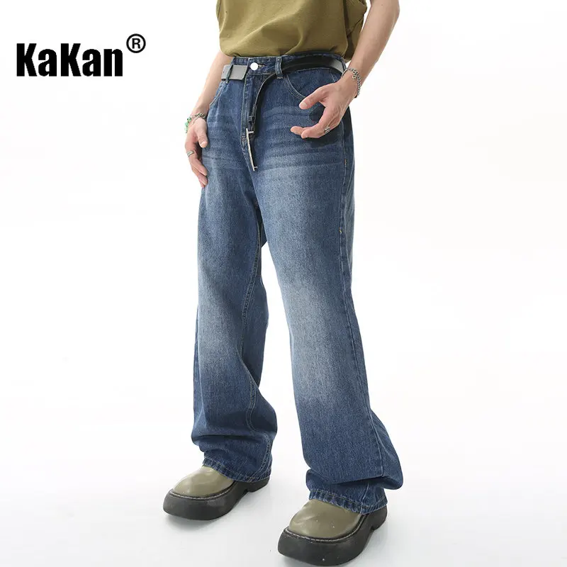 Kakan - New Korean Version Loose Fitting Wide Leg Mop Jeans for Men, Popular Blue Long Jeans for Youth K50-483