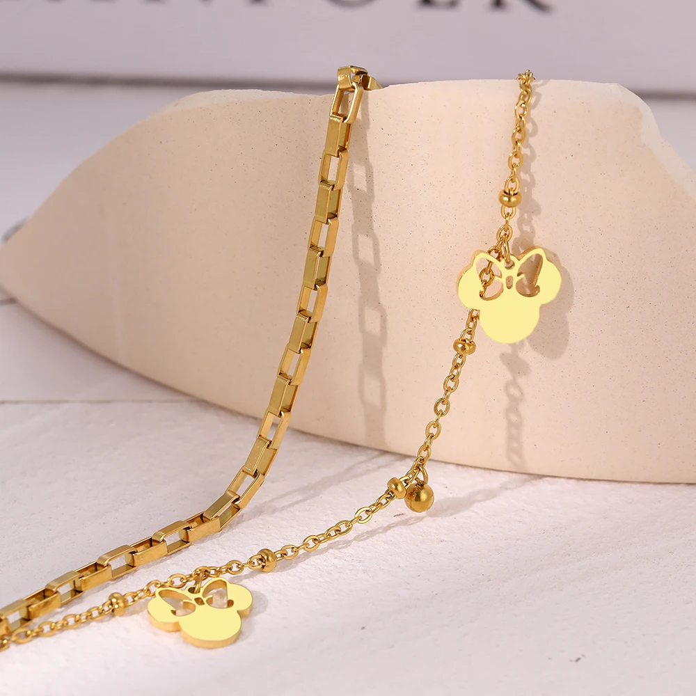 Stainless Steel Bracelets Chain Bracelet Stainless Steel Jewelry Stainless Steel Bracelets Cute Cartoon Anime Bow Mouse Pendant Bells Beads Layer Chain Bracelet For Women Jewelry Party Gifts