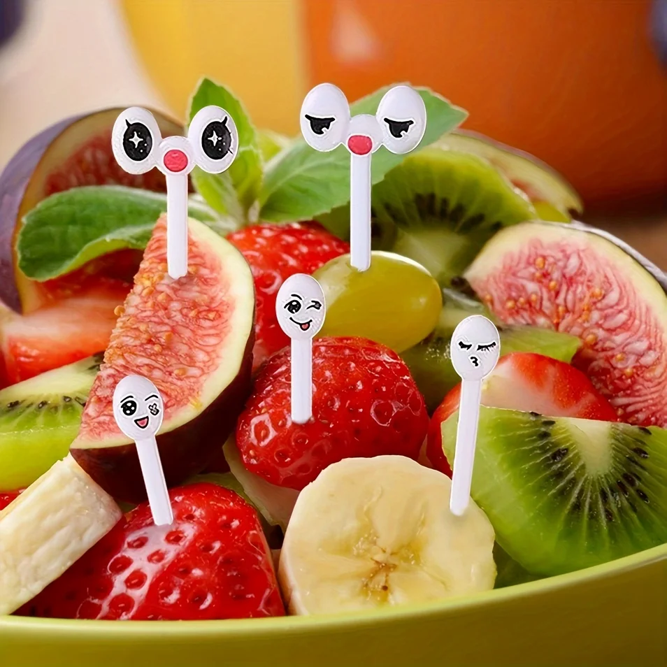 10pcs/set Mini Eye Cartoon Expression Fruit Fork Plastic Fruit Toothpick For Children Harmless