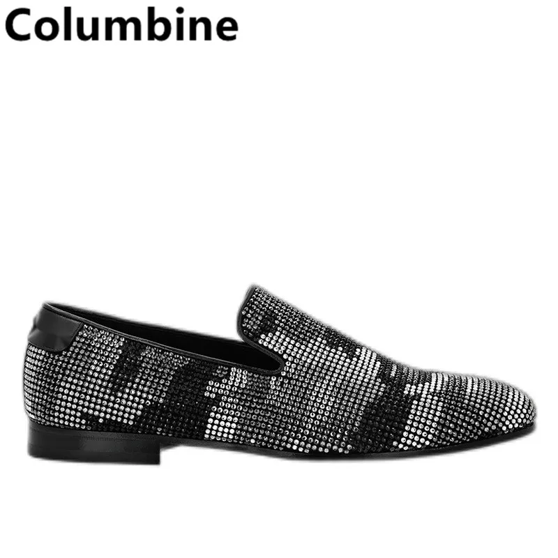 Newest Fashion Men Handmade Spike Shoes Black Silver Gray Loafers Shoes Runway Shining Rivets Party Wedding Shoes Silver