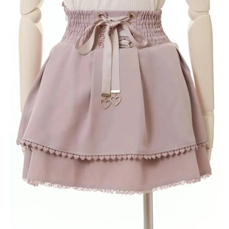 Japan Style High Waist Pleated Mini Skirts Bow Knot Design Mini Skirts Kawaii Slim Fit A-line Skirts Pink Lace Skirts For Women 2