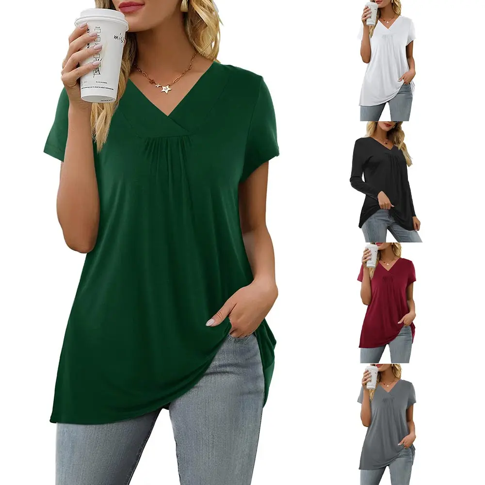 Damen Elegant Loose Fit Kurzarm Frühling T-Shirt V-Ausschnitt Casual Loose Basic Tunika Top Sommer Baumwollmischung Bluse Free87_voghion.com