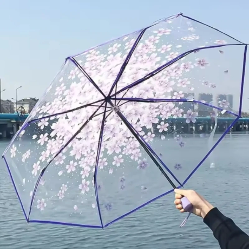 Fashionable Sakura Fresh Transparent Petal Umbrella with 8 Bones Fully Automatic 3-Fold Girls' Travel Umbrella Durable Sturdy