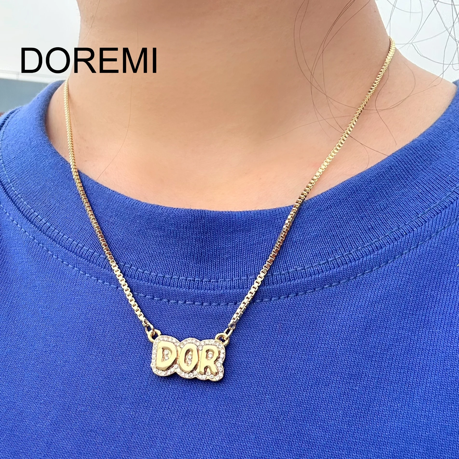 DOREMI Bubble Name Necklace Gold Plated Double Layer Metal Crystal Name Necklace Bubble Letter Custom Necklace Jewelry