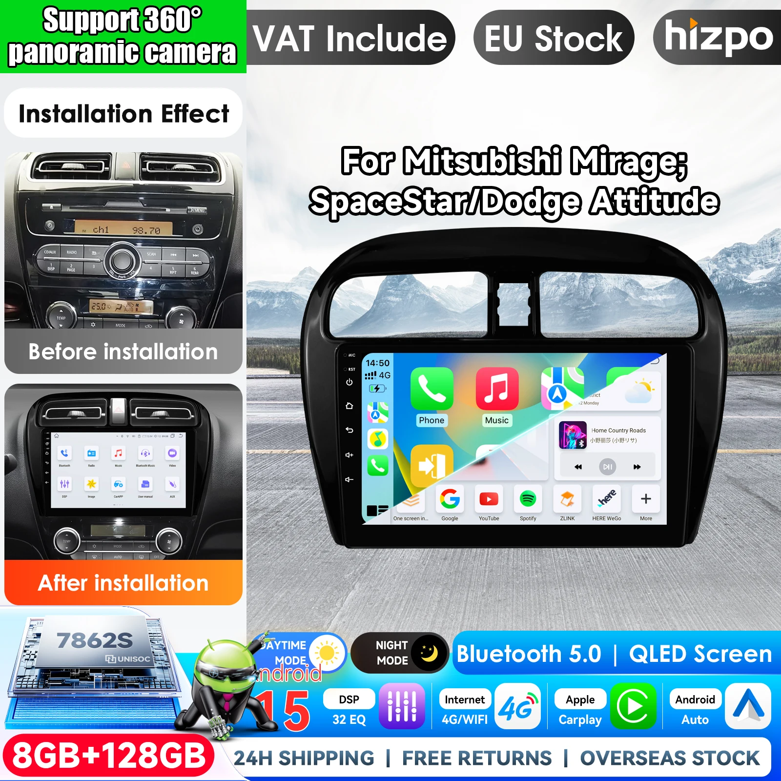 Hizpo Radio de coche inalámbrico CarPlay Android Auto de 9 pulgadas para MITSUBISHI Mirage Spacestar Attrage 2012-2018 Dodge Attitude Multimedia Apple CarPlay inalámbrico Sistemas inteligentes Pantalla táctil IPS Reproductor de vídeo estéreo 2 Din Autoradio Unidad principal Navegación BT 1