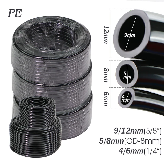 10/20/30/50M OD-6mm 8mm 12mm สีดํา PE Garden ท่อความดัน 4/6mm 5/8mm 9/12mm หยดชลประทานท่อ 3/8 "1/4" รดน้ําหลอด 1